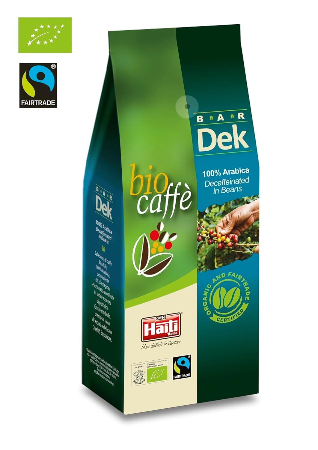 Caffè Haiti Roma økologiske koffeinfri kaffebønner, 100% Arabica, Fairtrade certificeret, økologisk kvalitet, pakke med 2 x 500g