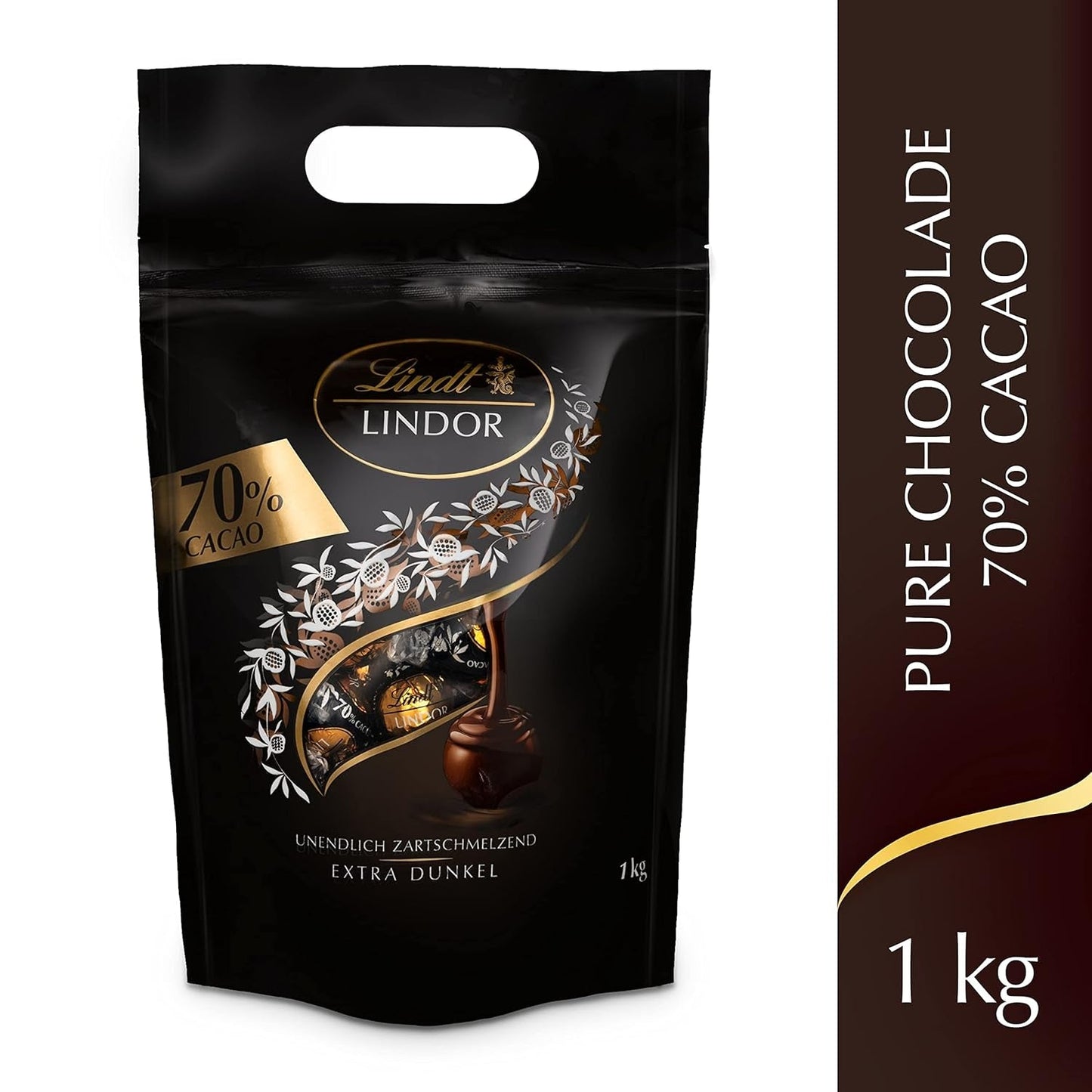 Lindt LINDOR Extra Dark Chokoladekugler og LINDOR Strawberry Creme Chokoladekugler | 1 kg genlukkelig pose | ca. 80 hvide chokoladekugler med jordbærcreme
