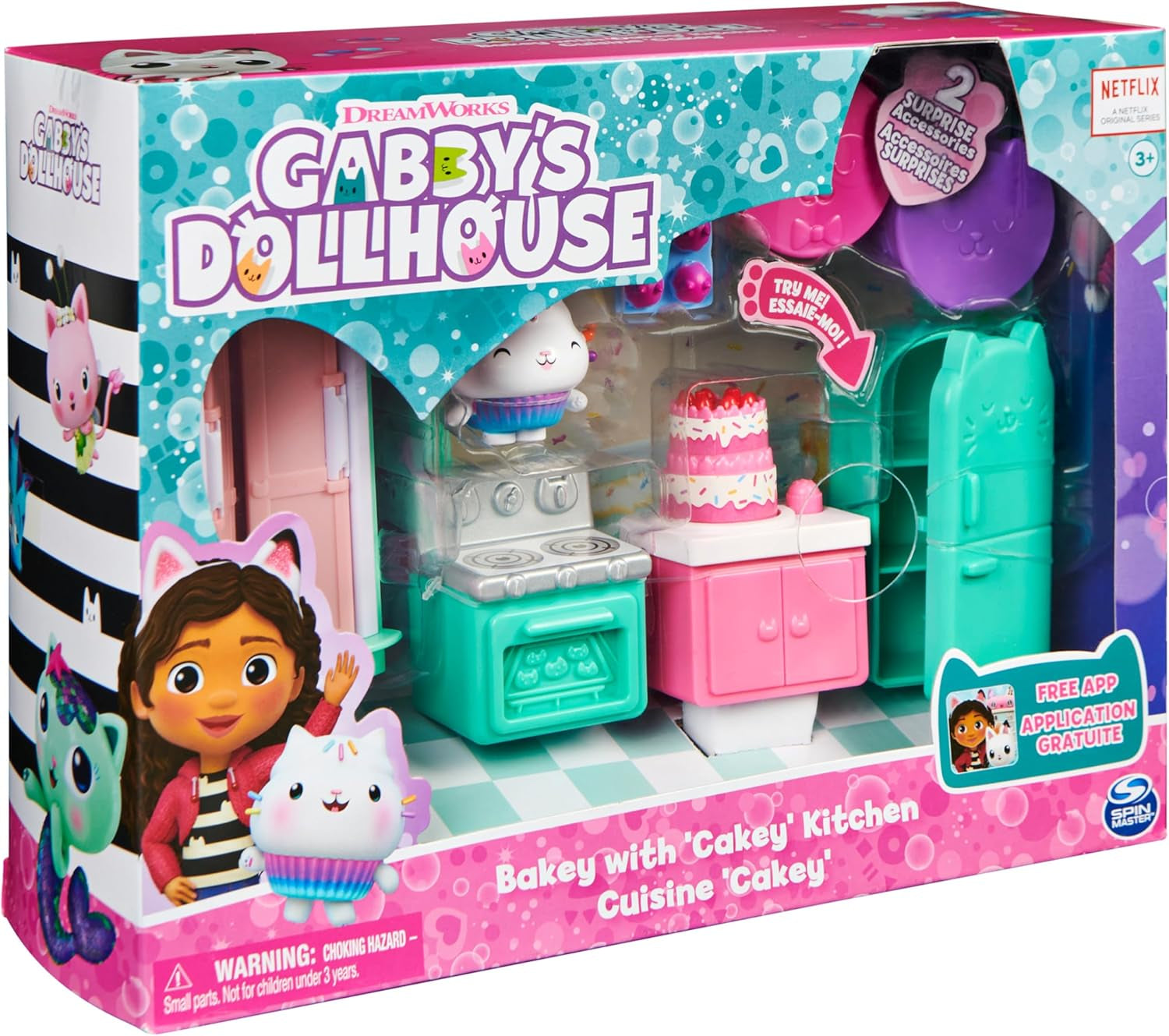 GABBY'S DREAMWORKS DOLLS HOUSE - Deluxe Room, Cakey Confectionery, Kuchi Kitchen (rumænsk: Cakey), 3 møbler og 2 overraskelsesæsker med tilbehør, velegnet til børn fra 3 år og derover