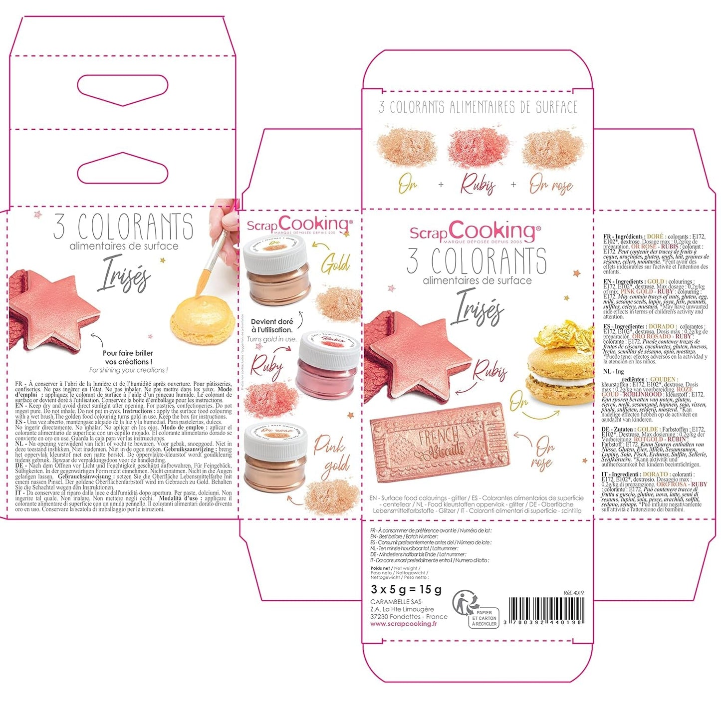 Scrapcooking - Sæt med 3 metallisk madfarve - Madfarve: guld, rosaguld og rubin - spiselig madfarve til bagning, kager, småkager, kager, chokolade - 4019
