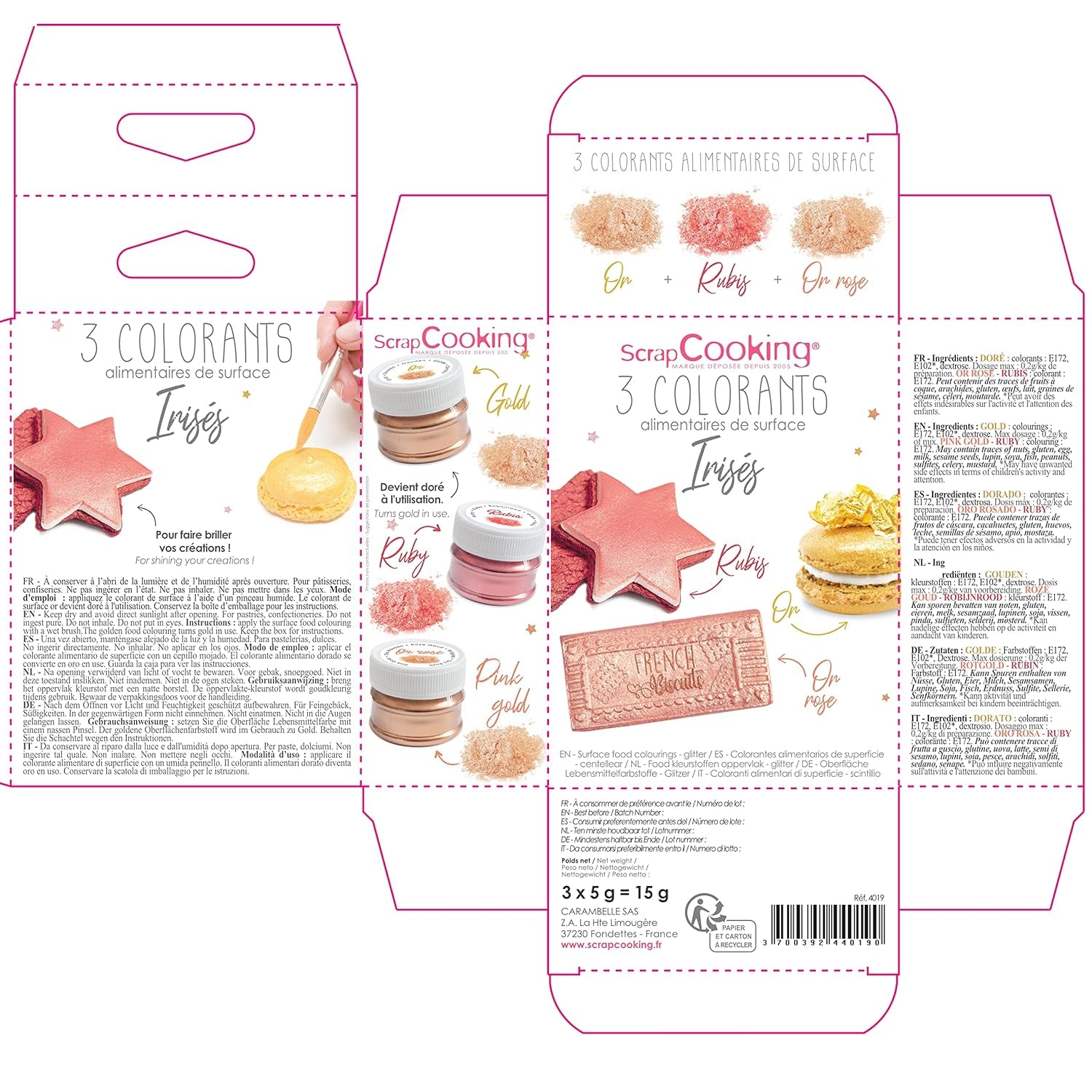 Scrapcooking - Sæt med 3 metallisk madfarve - Madfarve: guld, rosaguld og rubin - spiselig madfarve til bagning, kager, småkager, kager, chokolade - 4019