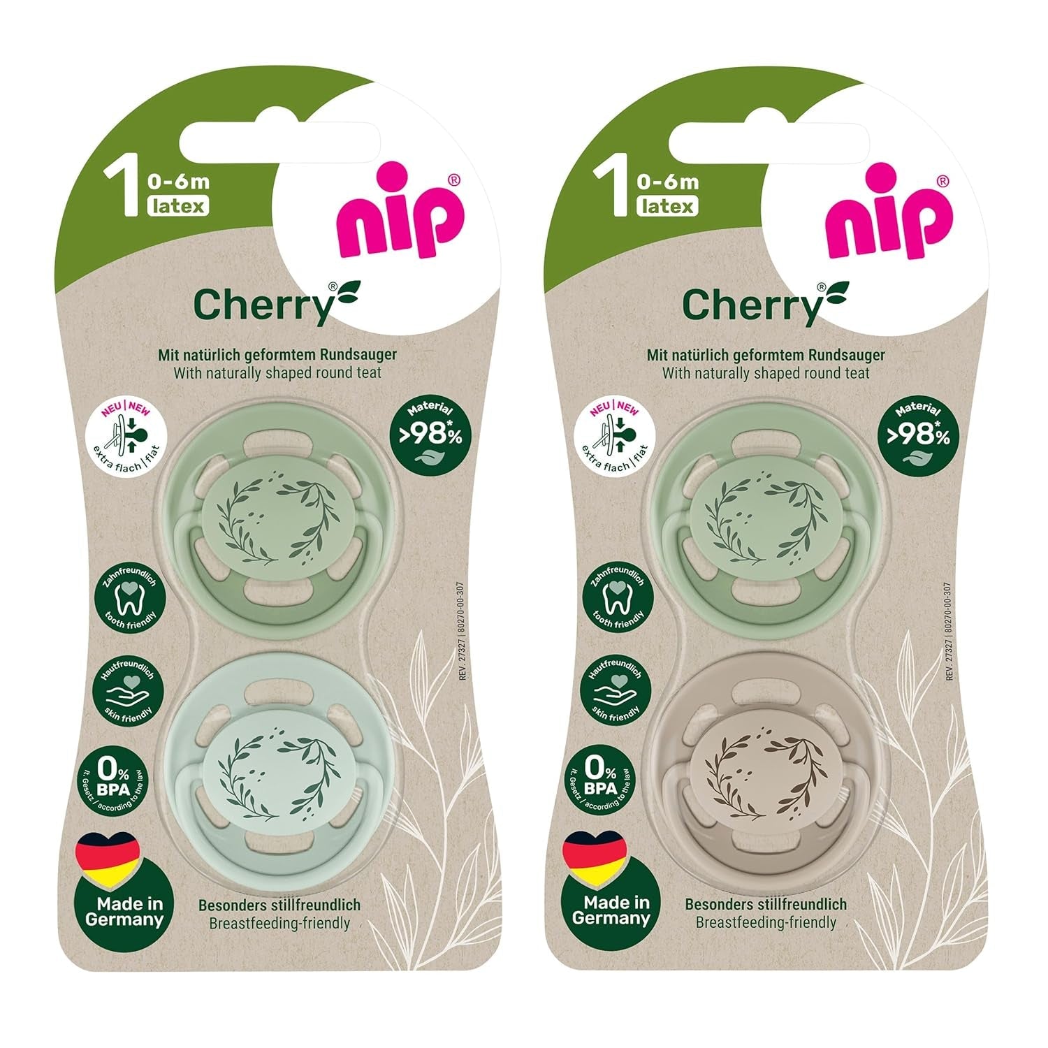 nip - Cherry Green | 0-6 måneder | Pakke med 4 | Sut, velegnet til amning og tænder. Bæredygtig sut, lavet af naturlige råmaterialer, lysegrøn/brun