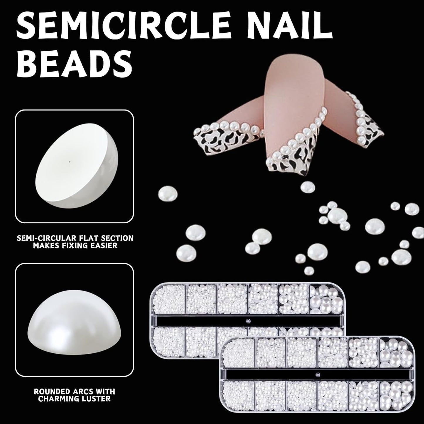 12 Größen Nail Art Perlen, Flache Perlen, Nail Art Accessoires, Halbkreis Nagelperlen, Weiße Nail Charms Und Glitzersteine ​​Nägel Für Nail Art Design, DIY Basteln, Alltag, Hochzeit (2 kasser)