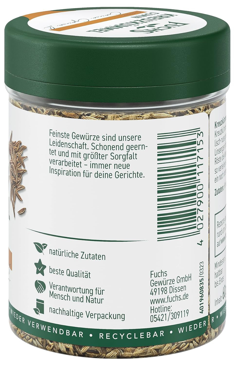 Fuchs Gewürze - Kreuzkümmel ganz - orientalisch-nussige Note für Falafel und Linsengerichte - naturlige ingredienser - 60 g i wiederverwendbarer, genbrugsbarer Dosis