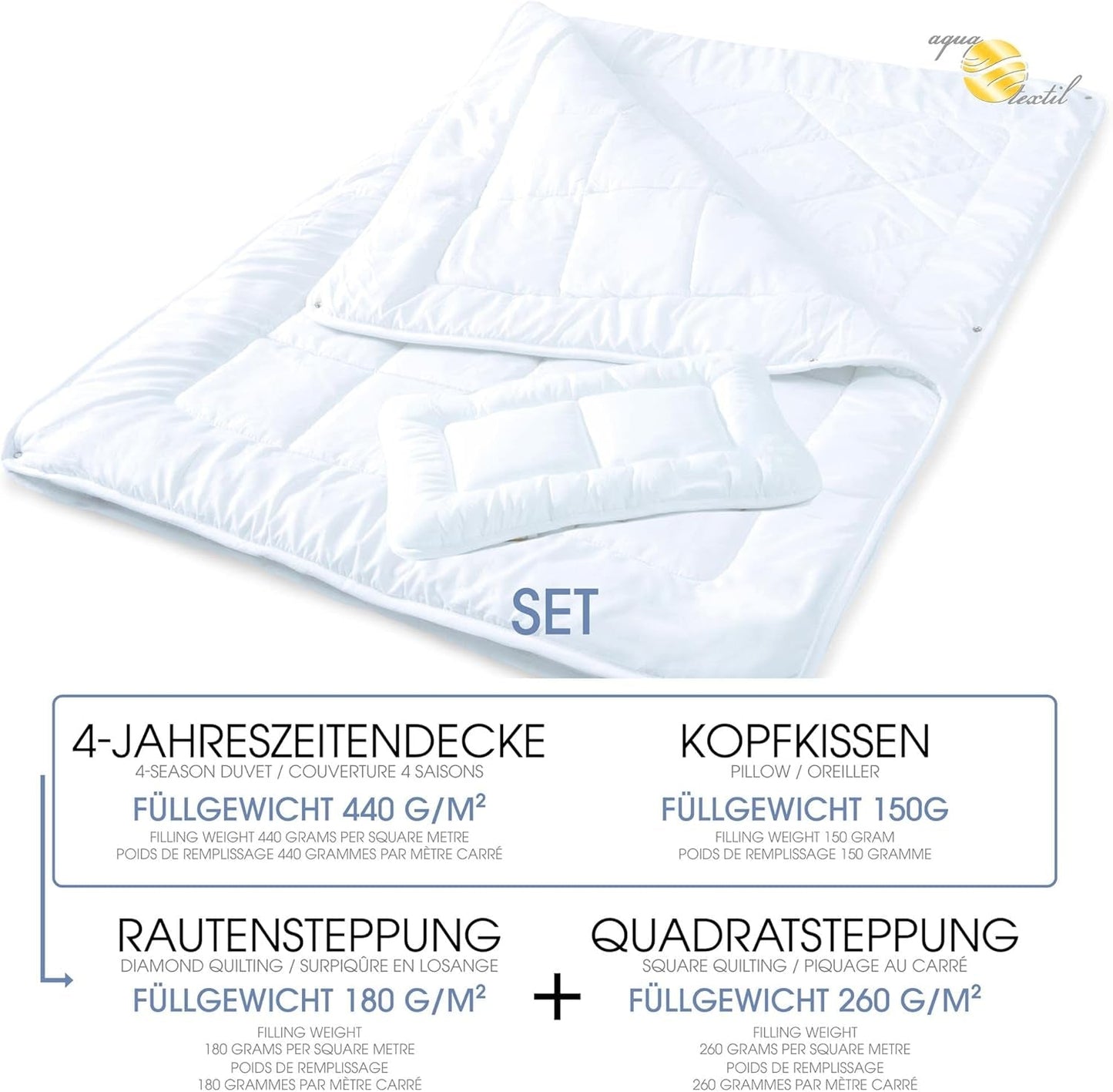 Aqua-Textil Soft Touch Sæt til børn Dyne 100 X 135 Cm 250G og 350G med pude 40 X 60 Cm 150G Dyne 4 sæsoner Klimastyring Oeko-Tex Dyner og dyner Naty Shop