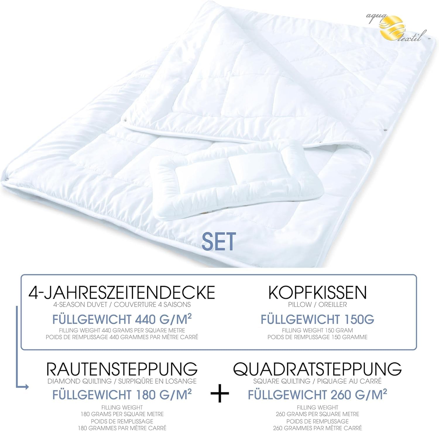 Aqua-Textil Soft Touch Sæt til børn Dyne 100 X 135 Cm 250G og 350G med pude 40 X 60 Cm 150G Dyne 4 sæsoner Klimastyring Oeko-Tex Dyner og dyner Naty Shop