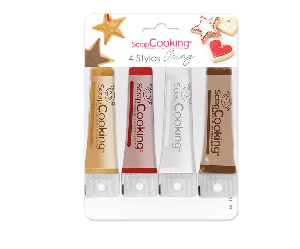 Scrapcooking - 4 stykke tuscher: guld, chokolade, hvid og rød - dekorative spiselige kuglepenne til skrivning og tegning på desserter, kager og kiks