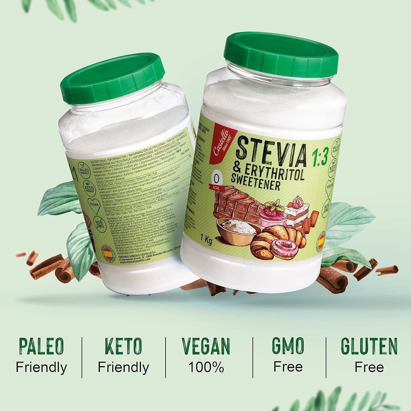 Stevia + Erythritol 1:3 Süßstoff | 1G = 3G Zucker | 100% Natürlicher Zuckerersatz - 0 Kalorien - 0 Glykämischer Index - Keto Und Paleo - 0 Netto-Kohlenhydrat - Kein GVO - Castello siden 1907-1 Kg Sødemidler Naty Shop