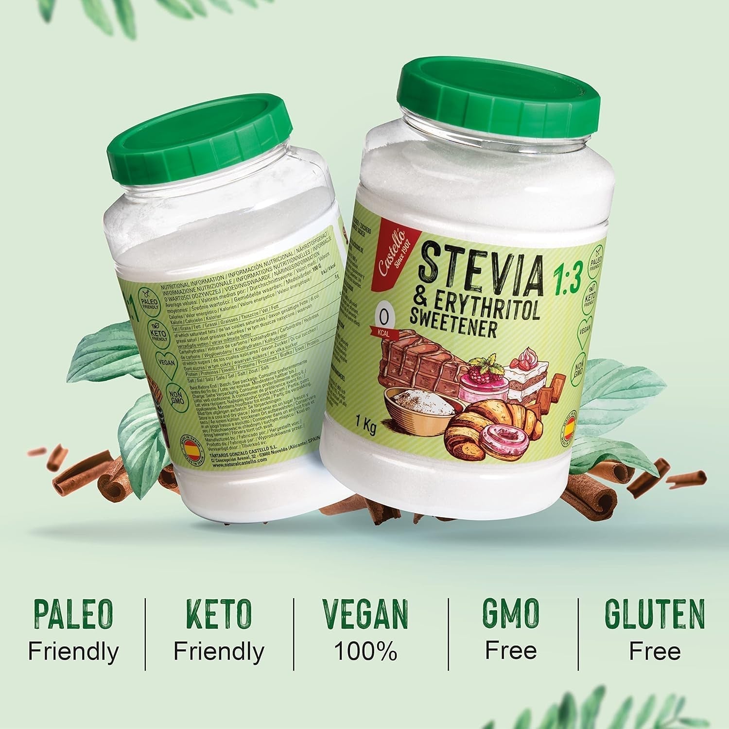 Stevia + Erythritol 1:3 Süßstoff | 1G = 3G Zucker | 100% Natürlicher Zuckerersatz - 0 Kalorien - 0 Glykämischer Index - Keto Und Paleo - 0 Netto-Kohlenhydrat - Kein GVO - Castello siden 1907-1 Kg Sødemidler Naty Shop