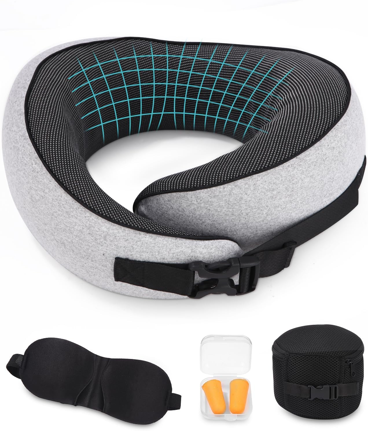 Flynakkepude, Memory Foam Rejsepude, Voksen Nakkepude, Justerbar vaskbar Flypude, Ergonomisk rejsepude (grå) Cervikale ortopædiske puder Naty Shop Grey