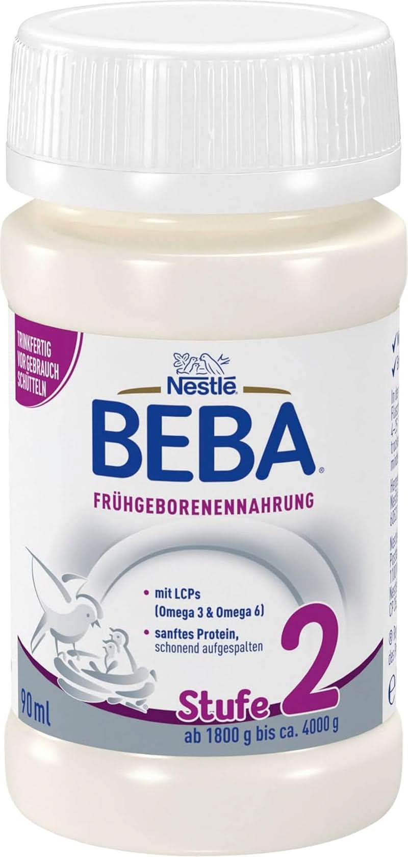 Mad til for tidligt fødte børn BEBA Level 2, Specialfoder til for tidligt fødte børn og nyfødte med lav vægt, klar til at drikke, pakke med 32 (32 x 90 ml) Naty Shop