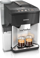 Siemens EQ500 fuldautomatisk espressomaskine TQ513D01, mange kaffespecialiteter, mælkeskummer, integreret mælkebeholder, automatisk damprensning, 1500 W, naturligt lys sølv/klaver sort