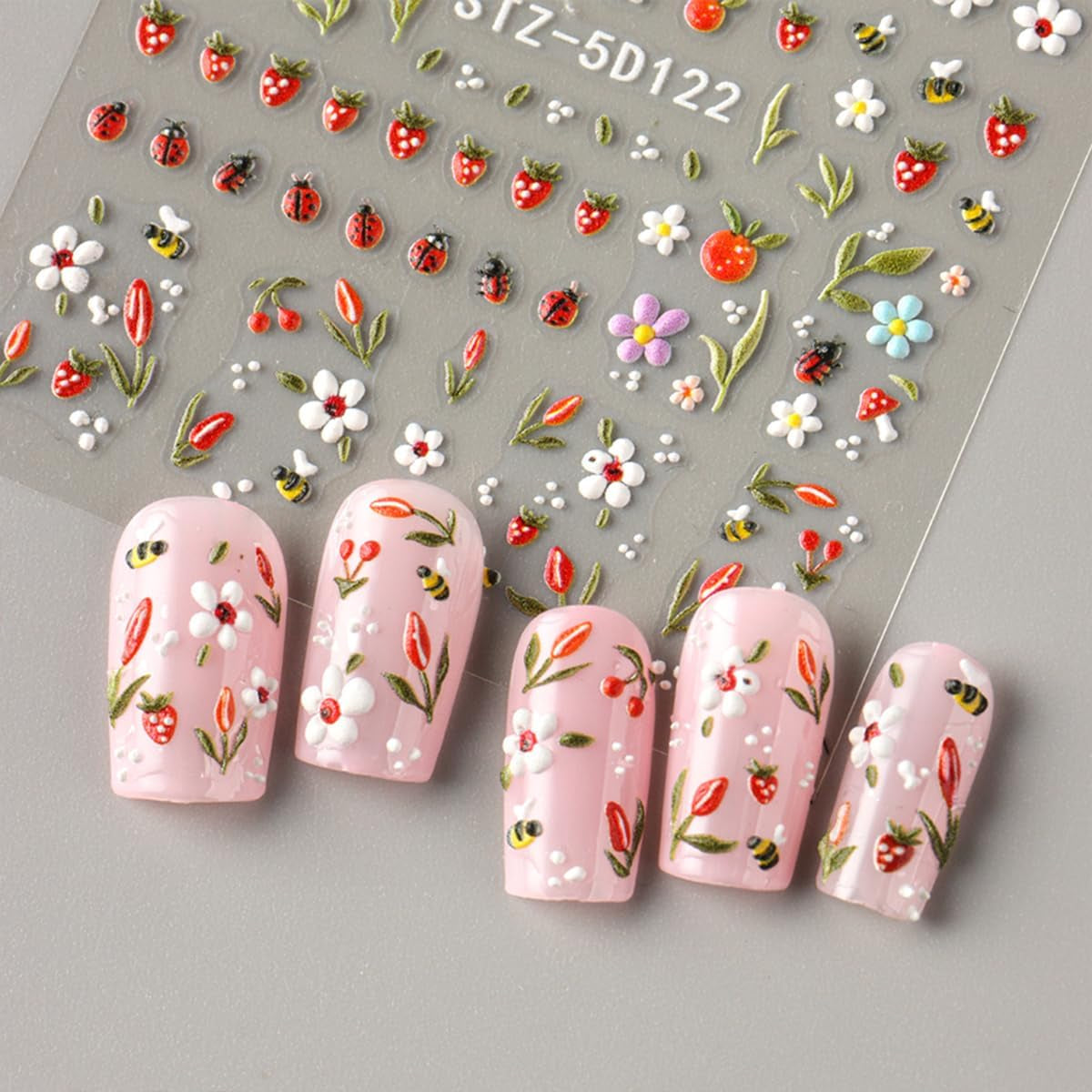 JMEOWIO 3D Nagelsticker Blumen Frucht Nail Art Sticker Selbstklebend Nagelaufkleber 5D Stereoskopisk Dekoration Nageldesign Tilbehør 4 Blatt