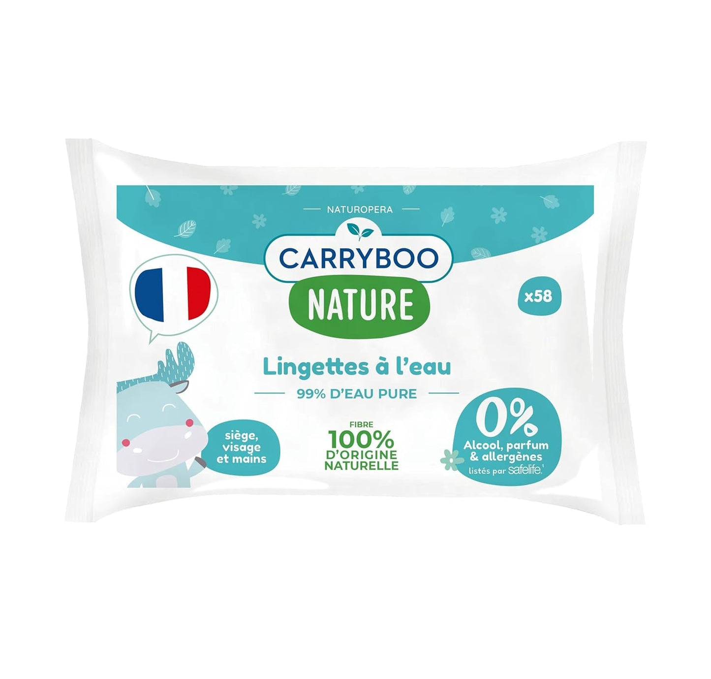 Babyvådservietter med vand - parfume- og allergenfri - 9 stykker - normal og følsom hud - renser og beroliger - 100% naturlige fibre - fremstillet i Frankrig - 522 servietter