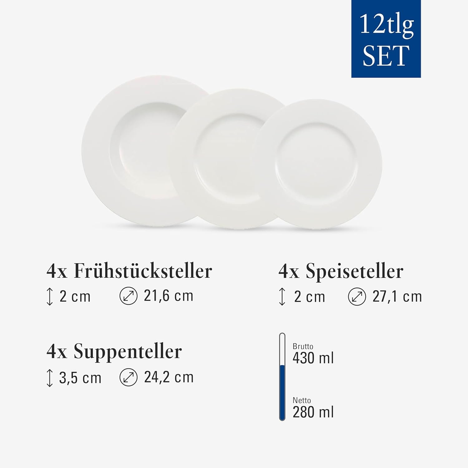 Villeroy & Boch Wonderful World 12-delt porcelænssæt, tåler opvaskemaskine og mikroovn, hvid, tallerkener, porcelæn, middagstallerkener, sæt, moderne porcelænssæt, premium porcelæn