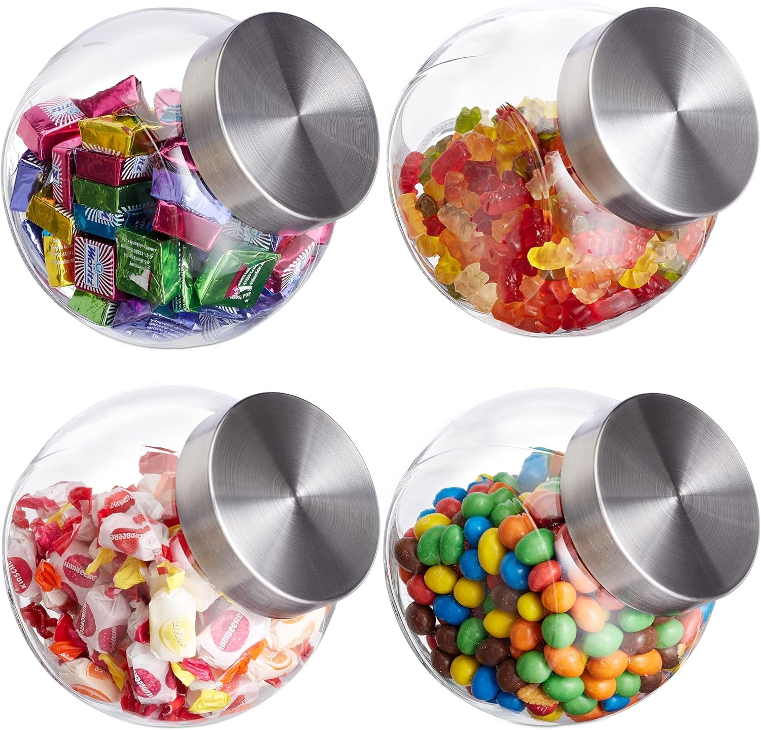 Relaxdays Candy Krukker Sæt med 4 1,5 L Sød Mad Opbevaringskrukker Candy Bar Låg i rustfrit stål Klar Transparent Sølv Naty Shop Mad Opbevaringsbokse 4