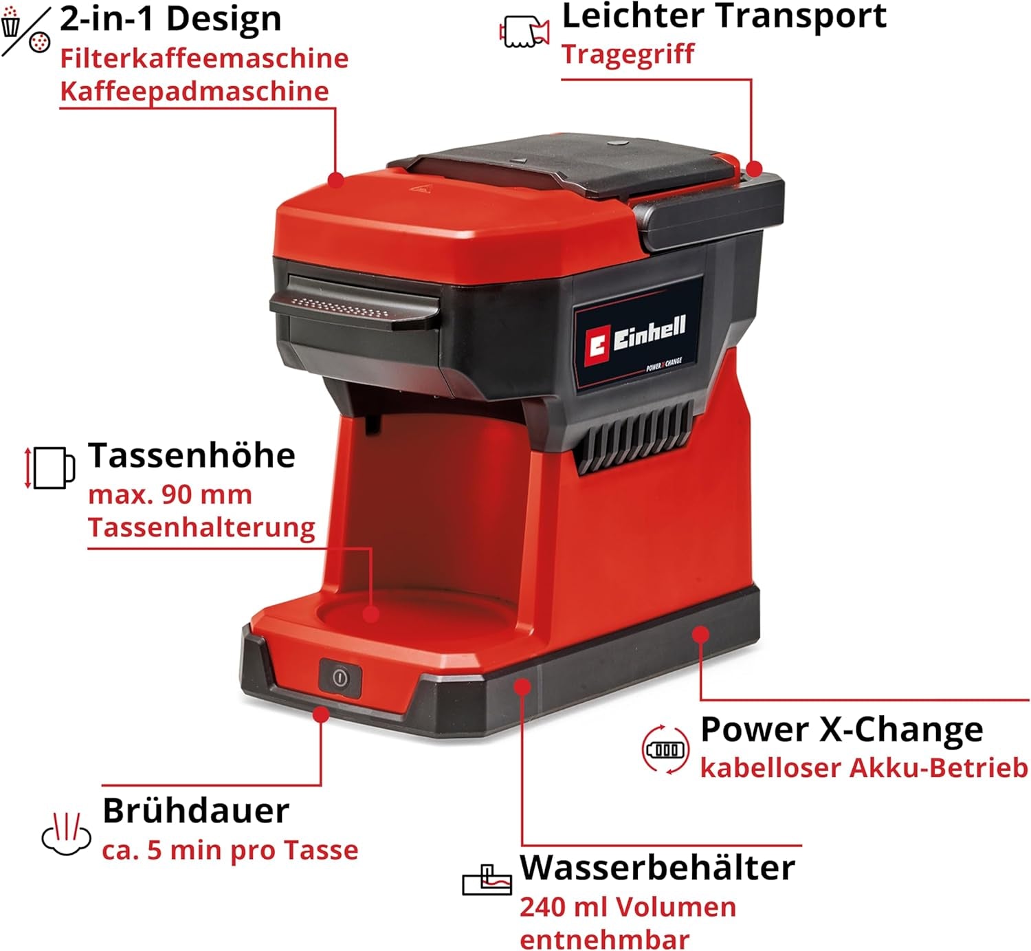 Trådløs espressomaskine Einhell TE-CF 18 Li-Solo Power X-Change (18 V, 240 ml vandtank, til filterkaffe og kaffekapsler, bærehåndtag, inkl. kaffekop med låg, uden batteri)