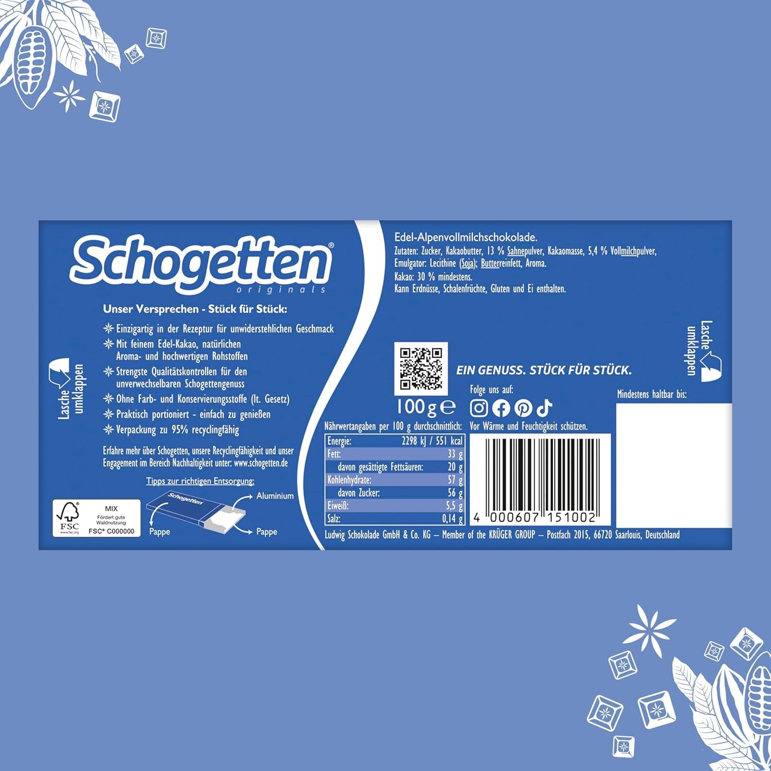 Schogetten Premium Alpine mælkechokoladebar, 100 g, portionsvis individuelt. En fryd. Stykke for stykke.