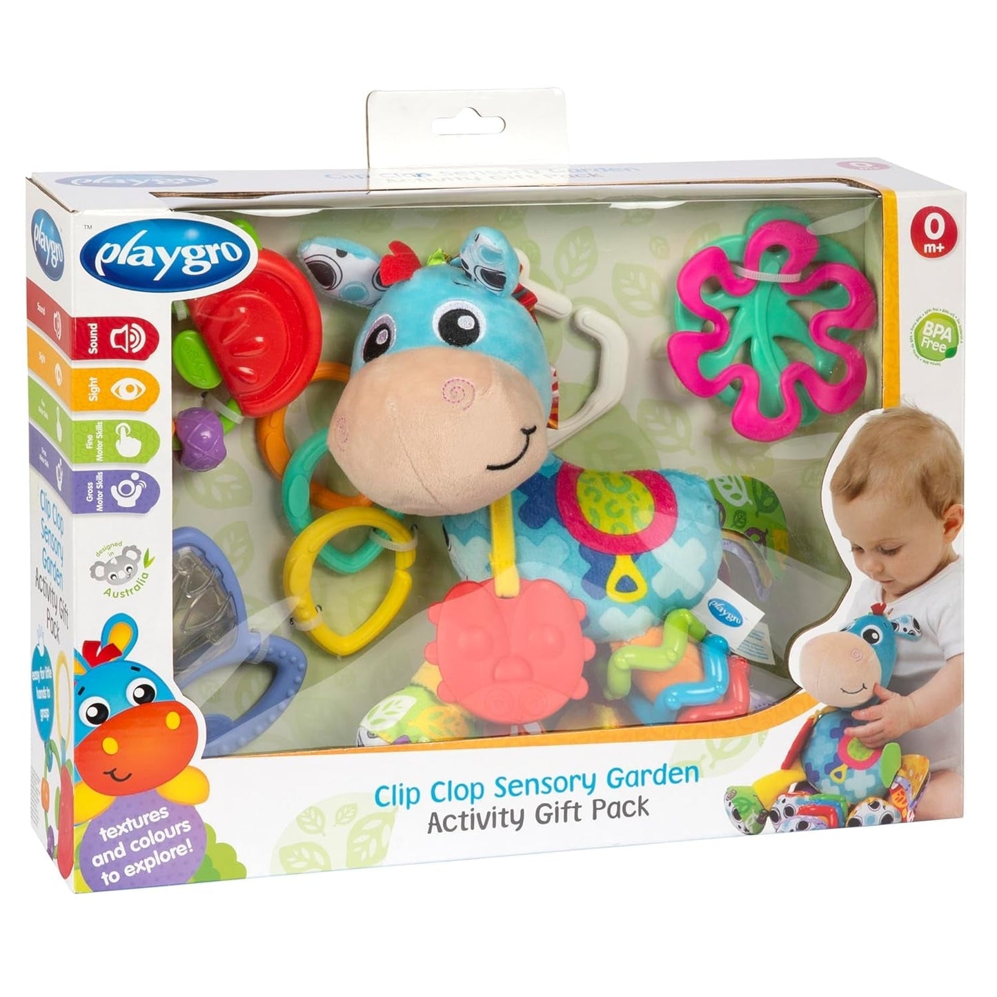 Playgro Clip Clop Sensory Garden Activity Gavepakke - Sensorisk havelegetøj til babyer fra 0 måneder - Interaktivt legetøj med rangler, bider og klapvognsven - 4 stk.