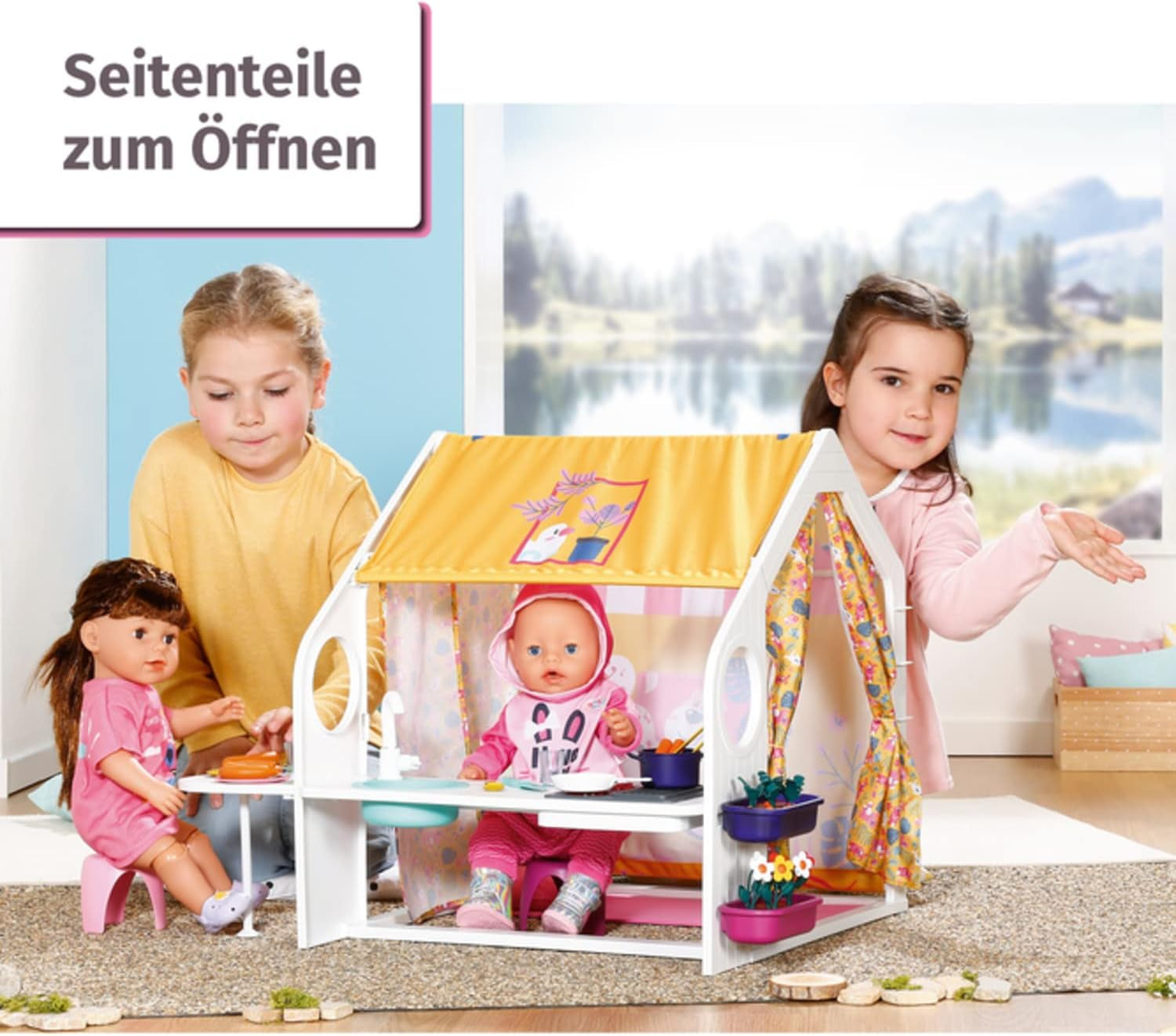 BABY born Dukkehus, Weekendhus med lys- og lydfunktion, åbne sidepaneler, vask, grill og meget tilbehør, 832752, Zapf Creation