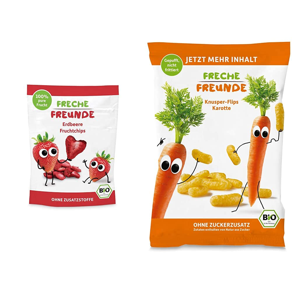 Økologiske frugtchips "100% jordbær" frysetørrede jordbærfrugtchips (12 x 12 g) og nye økologiske sprøde majs- og gulerodsflips, økologisk snack, fra 1 år, (9 x 30 g) 270 g