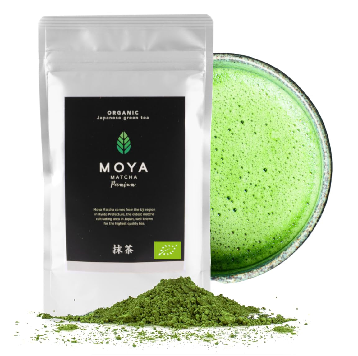 Økologisk grøn te Moya Matcha pulver | 100 g premium kvalitet til ceremoni | Økologisk dyrket og høstet i Uji, Japan | Matcha grøn te pulver | Ideel til den japanske vandte-ceremoni