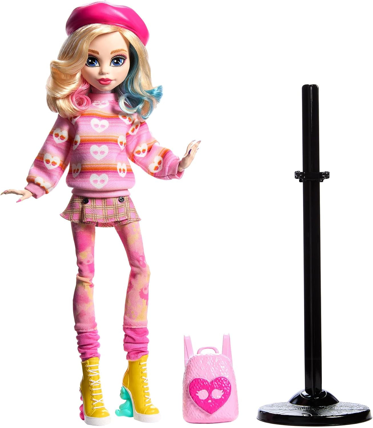 Monster High onsdagsdukke og tilbehør Pink Enid Sinclair samlerfigur med baret og rygsæk dukkestativ HXJ05