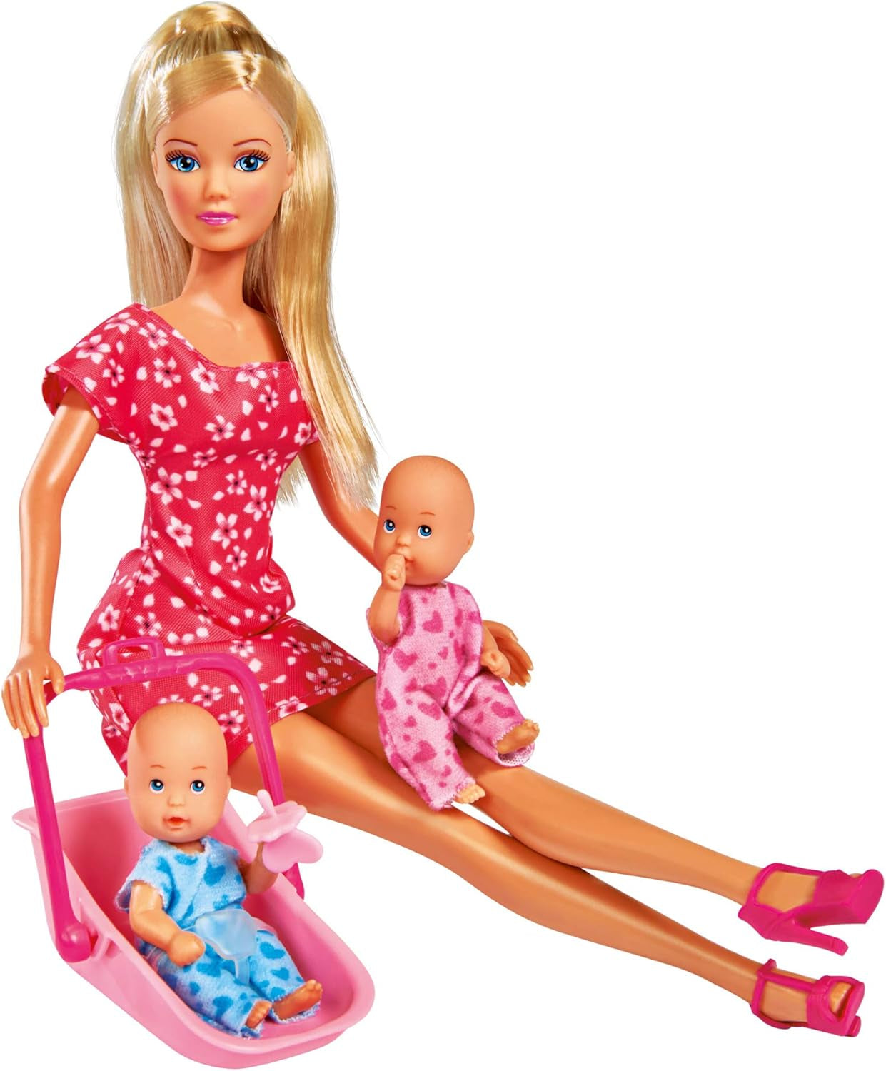 Simba 105730211 - Steffi Love Nanny, med to babyer, bæresele og autostol, tilbehør, påklædningsdukke, 29 cm, til børn fra 3 år og opefter