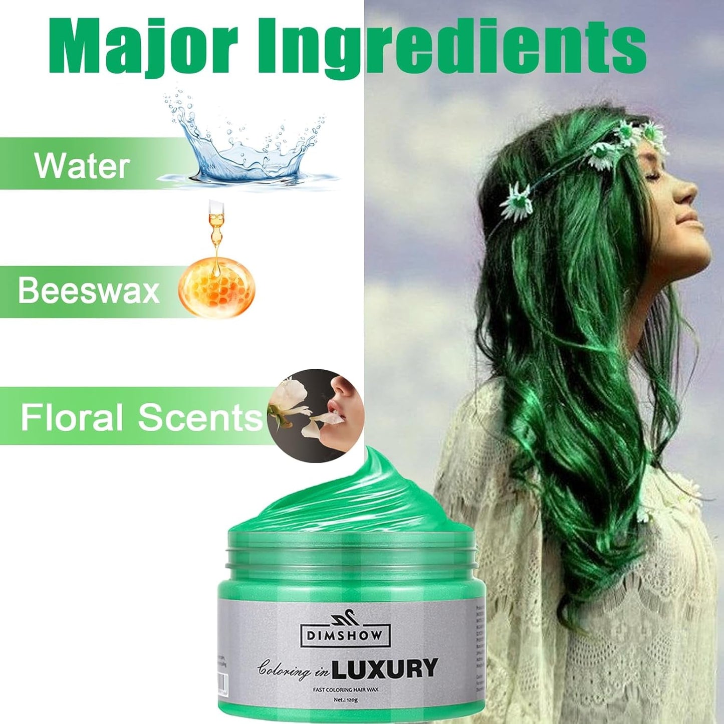 Grøn midlertidig hårvoks, skøre grøn midlertidig hårspray, vaskbar semi-permanent mudder, én gang hårfarve, instant styling hårpasta mudder, naturlig hårfarve til fester, aktiviteter og Halloween Naty Shop hårfarve