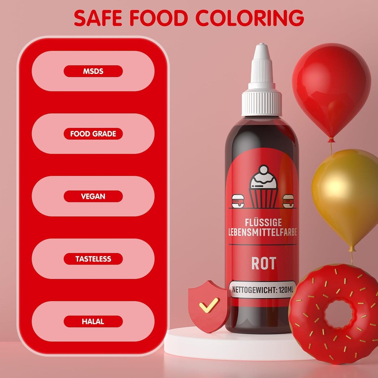 Rød madfarve 120 ml, højkoncentreret og sukkerfri flydende madfarve til bagning, kager, makroner, glasur, fondant, småkager, donuts