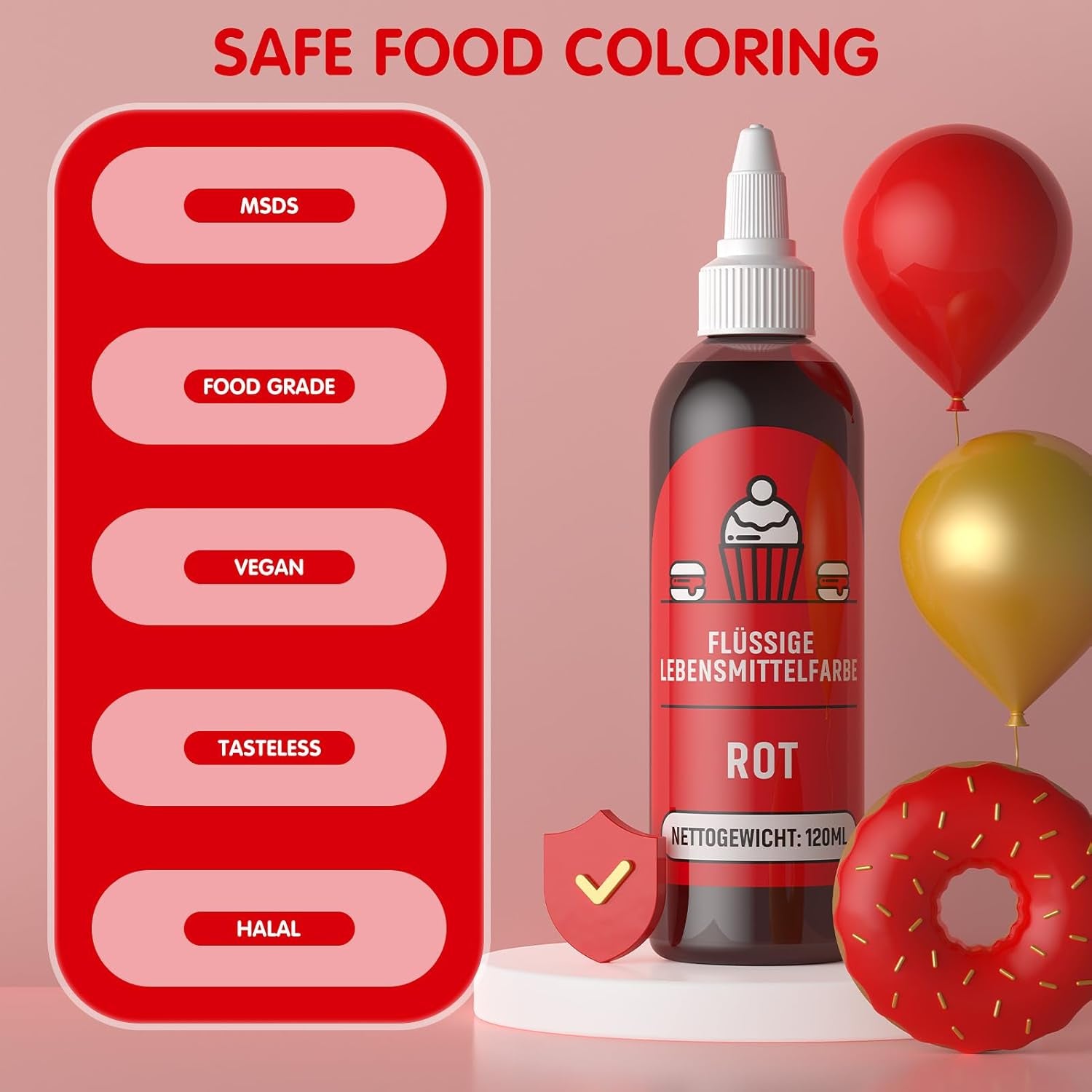 Rød madfarve 120 ml, højkoncentreret og sukkerfri flydende madfarve til bagning, kager, makroner, glasur, fondant, småkager, donuts