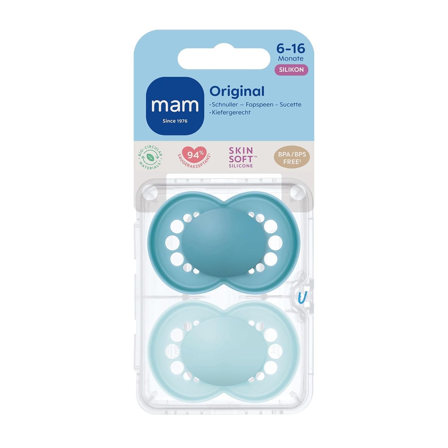 MAM originale sutter, 2-pak, tandvenlige babysutter, fremstillet af bæredygtige og bioregenererbare materialer, MAM SkinSoft silikonesutter, med sutteæske, 6-16 måneder, blå/lyseblå