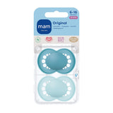 MAM originale sutter, 2-pak, tandvenlige babysutter, fremstillet af bæredygtige og bioregenererbare materialer, MAM SkinSoft silikonesutter, med sutteæske, 6-16 måneder, blå/lyseblå
