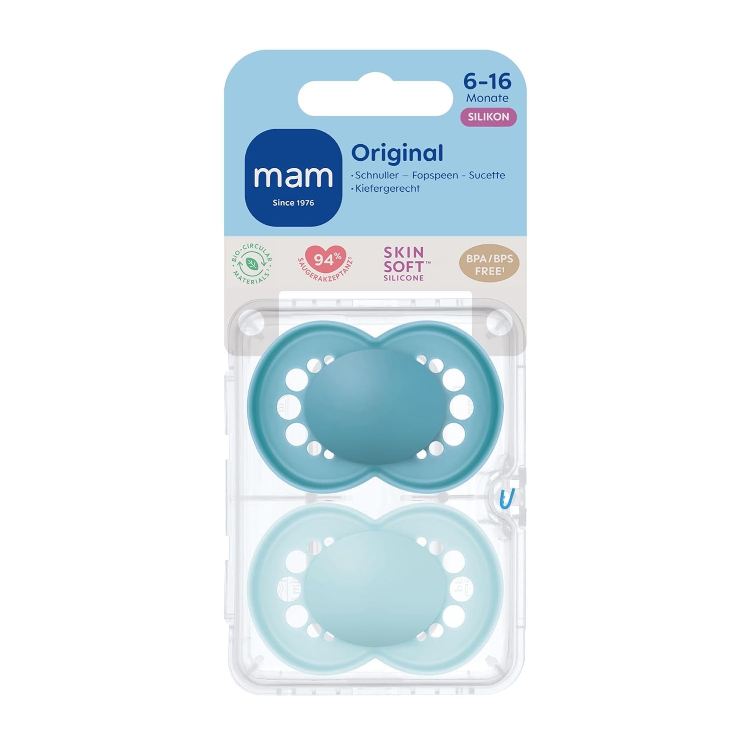 MAM originale sutter, 2-pak, tandvenlige babysutter, fremstillet af bæredygtige og bioregenererbare materialer, MAM SkinSoft silikonesutter, med sutteæske, 6-16 måneder, blå/lyseblå