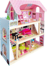 Bino World of Toys Dukkehus med altan, Legetøj til småbørn fra 3 år, med 3 etager, trapper, 4 værelser og altan inkl. 15-TLG. Tilbehør, For at fremme børns færdigheder, Pink design Naty Shop dukkehuse