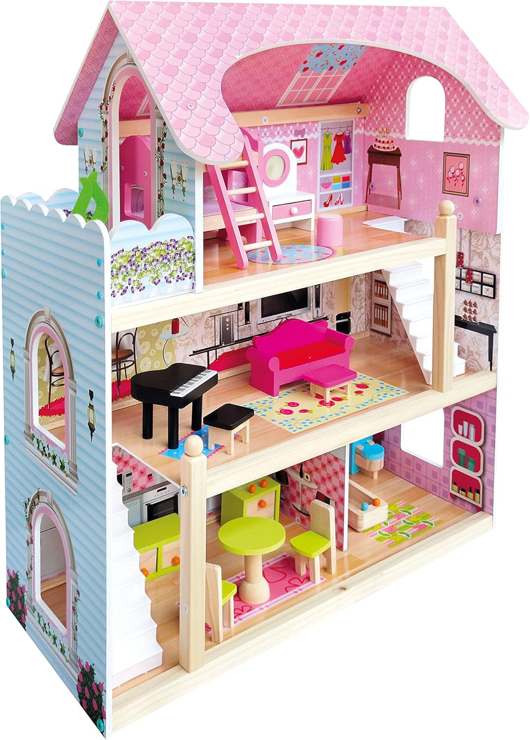 Bino World of Toys Dukkehus med altan, Legetøj til småbørn fra 3 år, med 3 etager, trapper, 4 værelser og altan inkl. 15-TLG. Tilbehør, For at fremme børns færdigheder, Pink design Naty Shop dukkehuse