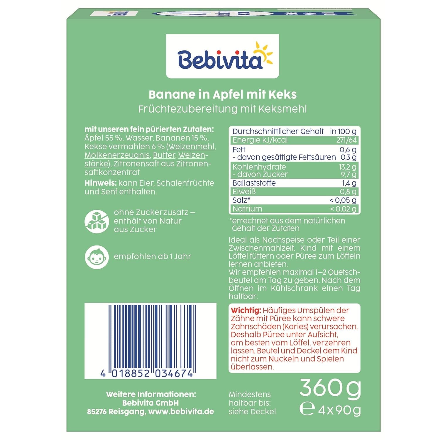 Banan i æble med kiks wrap - 16 stykker (4 pakker, 4 x 90 g hver), uden tilsat sukker, lavet af mild frugt og sunde korn, ideel til take-away og snacks på farten