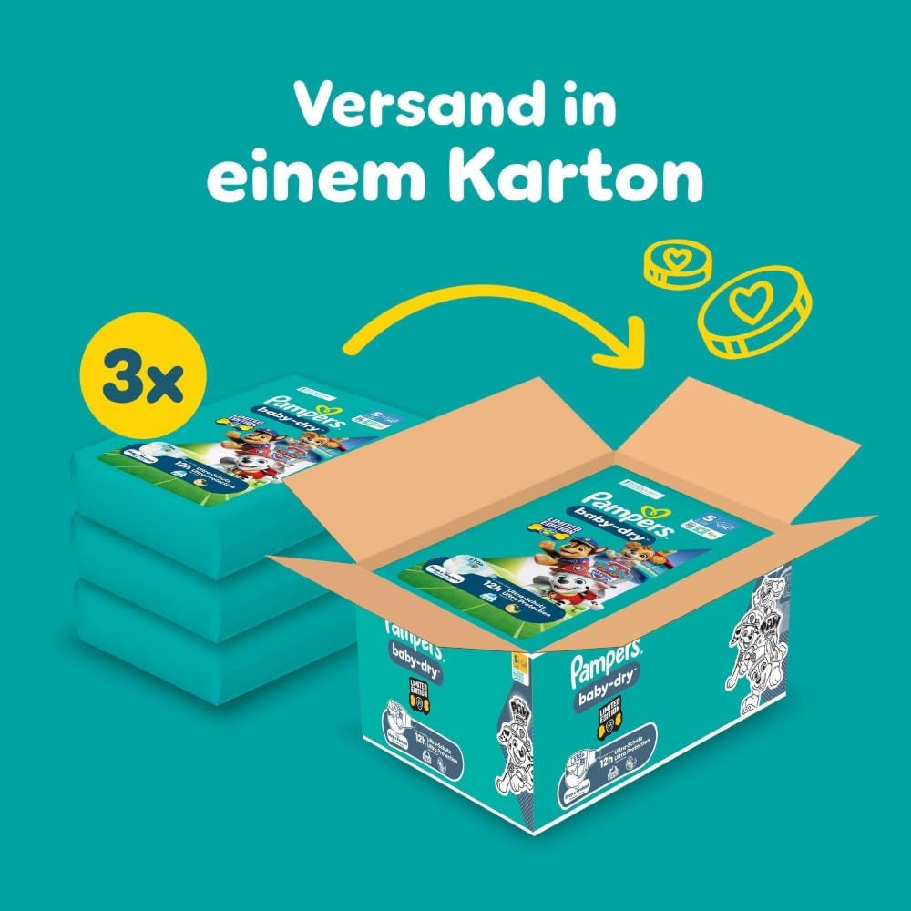 Pampers Baby-Dry Puppy Patrol Edition bleer, størrelse 5, 186 bleer, 11 kg - 16 kg, op til 100 % lækagebeskyttelse og komfort hele natten