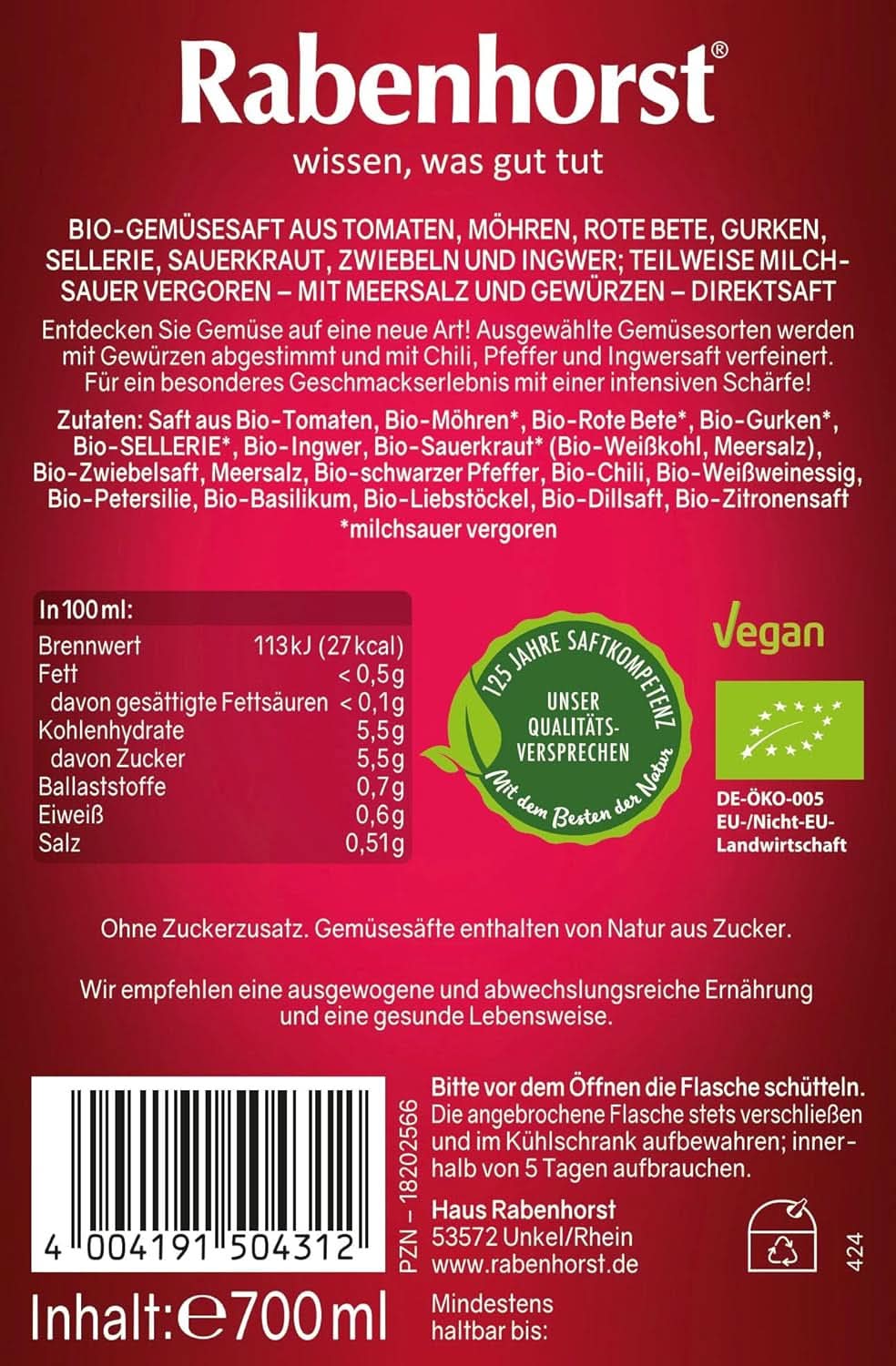 RABENHORST (6 x 700 ml) - Højkvalitets grøntsagsjuice fra forskellige grøntsager med en intens krydret smag Ikke-alkoholiske drikke Naty Shop