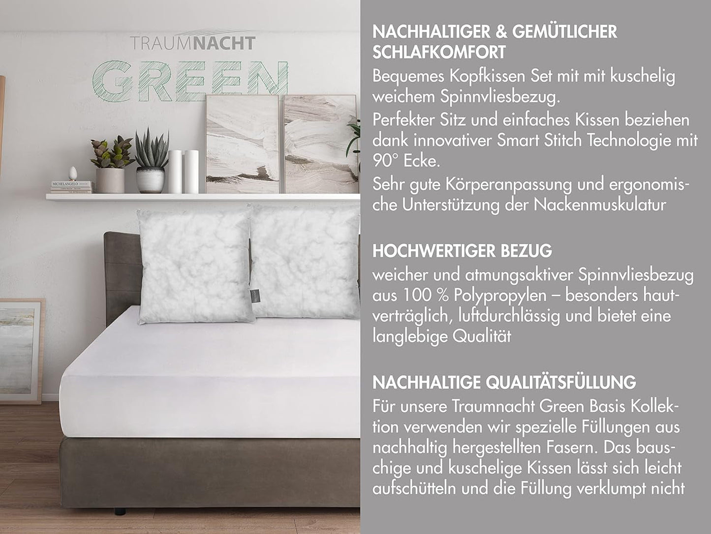 Traumnacht Green Basic Pudesæt bestående af to puder 80 X 80 Cm, Oeko-Tex certificeret, produceret efter den tyske kvalitetsstandard Naty Shop standard puder