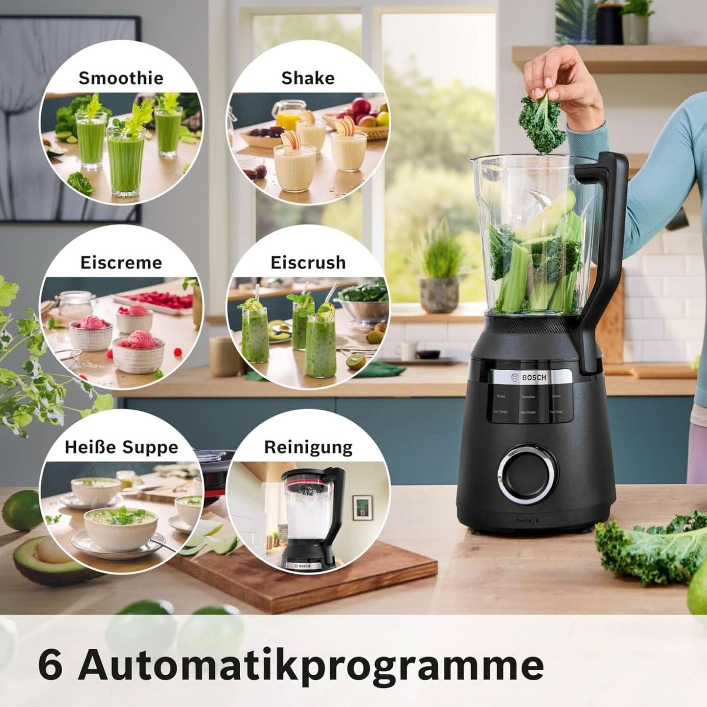 Highspeed-Standmixer Vitapower Serie 6 MMBD665B1, 45.000 U/Min, 6 Programmer Inkl Heiße Suppe & Reinigung, 2 L Mixbehälter, Stopfer, Spülmaschinenfeste Teile, Made in Europe, 1800W, Schwarz Kitchen Naty Shop