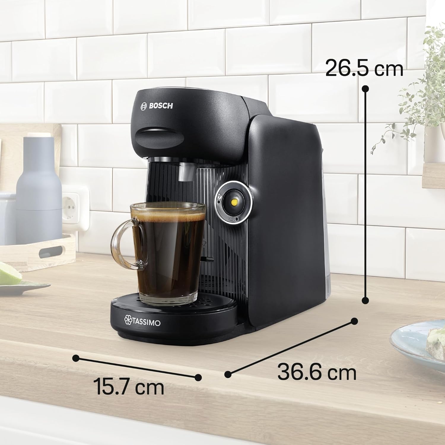 Bosch Tassimo finesse TAS162E kapsel espressomaskine, 70 drinks, mere intens kaffe med et tryk på en knap, automatisk sluk, bæredygtig, perfekt dosering, 1400 W, sort/sort