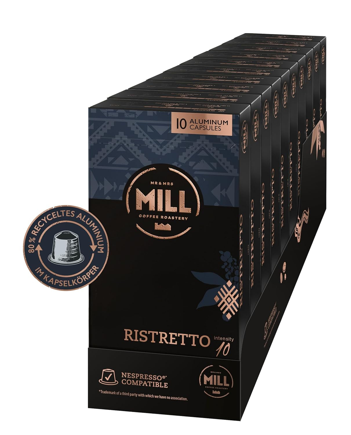Kaffeekapseln Ristretto, 100 Kapseln für Kapselmaschinen (10x10), 80% genanvendt aluminium i Kapselkörper