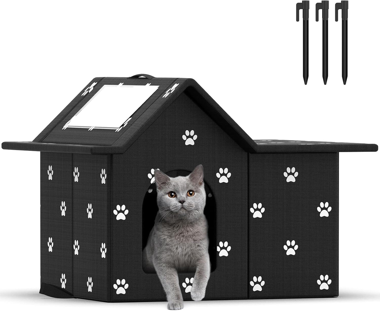 Katzenhaus Für Draußen Winterfest, Haus for verwilderte Katzen med abnehmbaren Kissen, Winterschutz for Haustiere med Türvorhängen, enkelt til montering