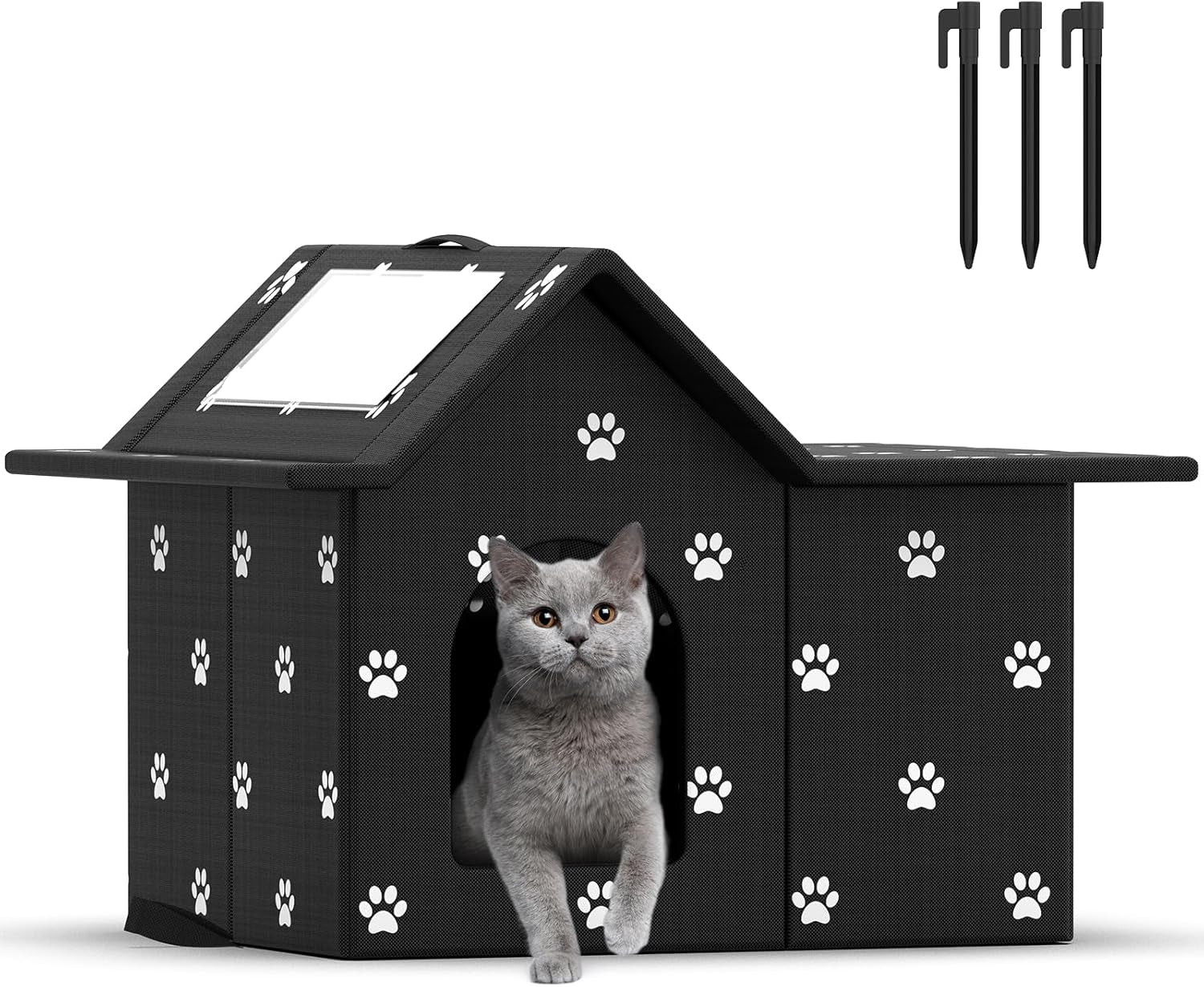 Katzenhaus Für Draußen Winterfest, Haus for verwilderte Katzen med abnehmbaren Kissen, Winterschutz for Haustiere med Türvorhängen, enkelt til montering