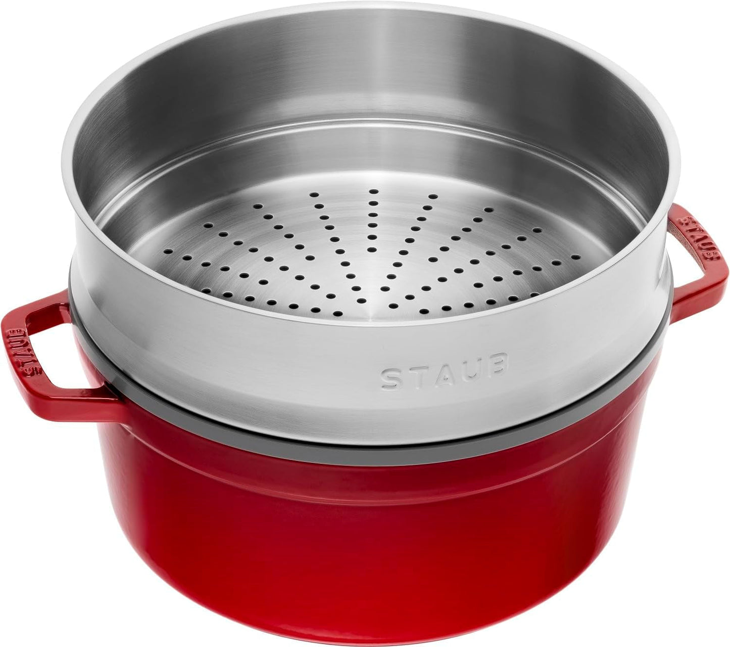 STAUB Gusseisen Bräter/Cocotte, Mit Dämpfeinsatz Aus Edelstahl, Rund 26 Cm, 5,2 L, Aromaregen Funktion Für Optimale Befeuchtung, Für Alle Herdarten Inkl. Induktion & Backofen, Kirschrot, Rot Forme og bakker til bagning Naty Shop