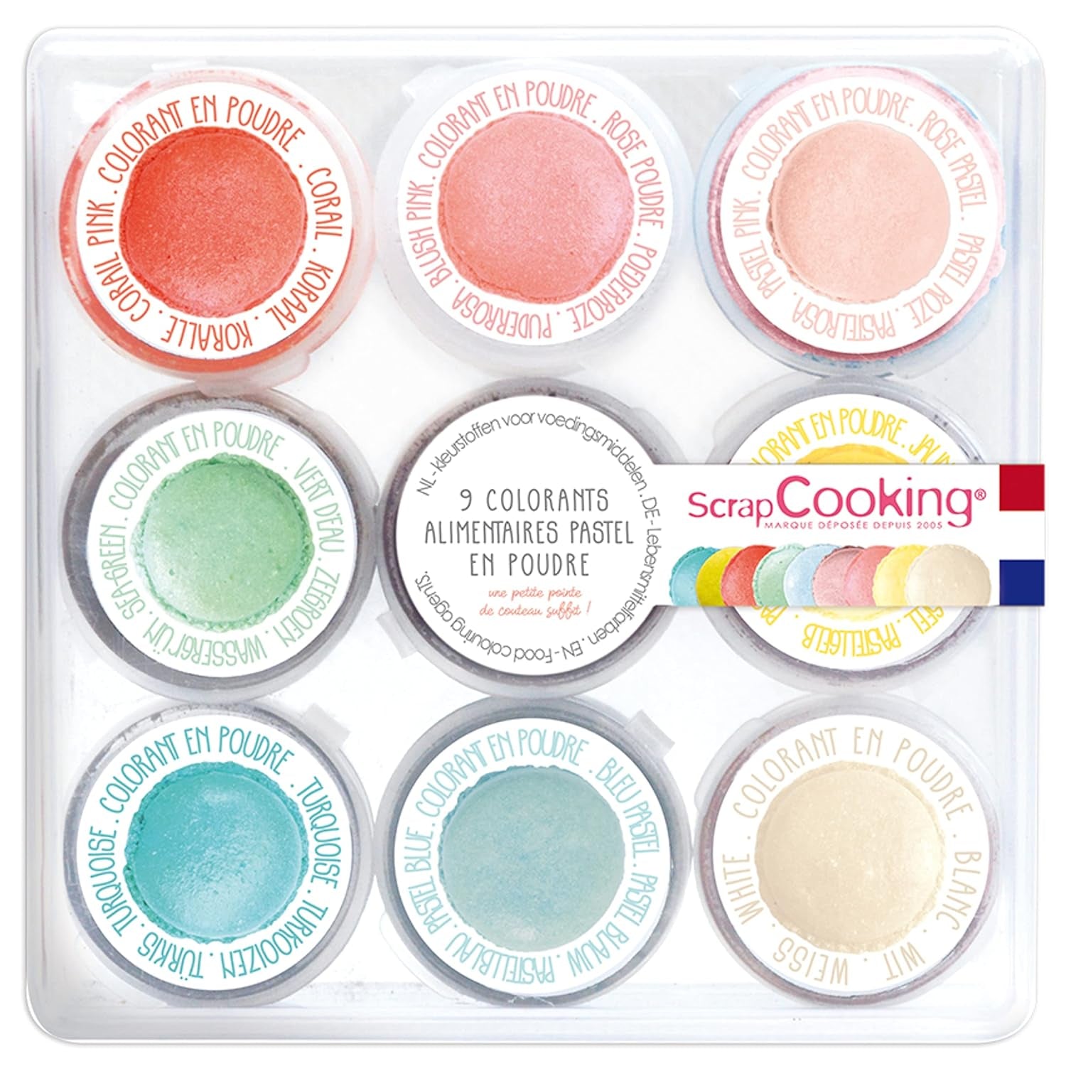Scrapcooking - Sæt med 9 pastelfarver - blå, gul, koral, pink, turkis, limegrøn, hvid, aquagrøn, pulverrosa - spiseligt farvepulver til kager, muffins, macarons - 4272