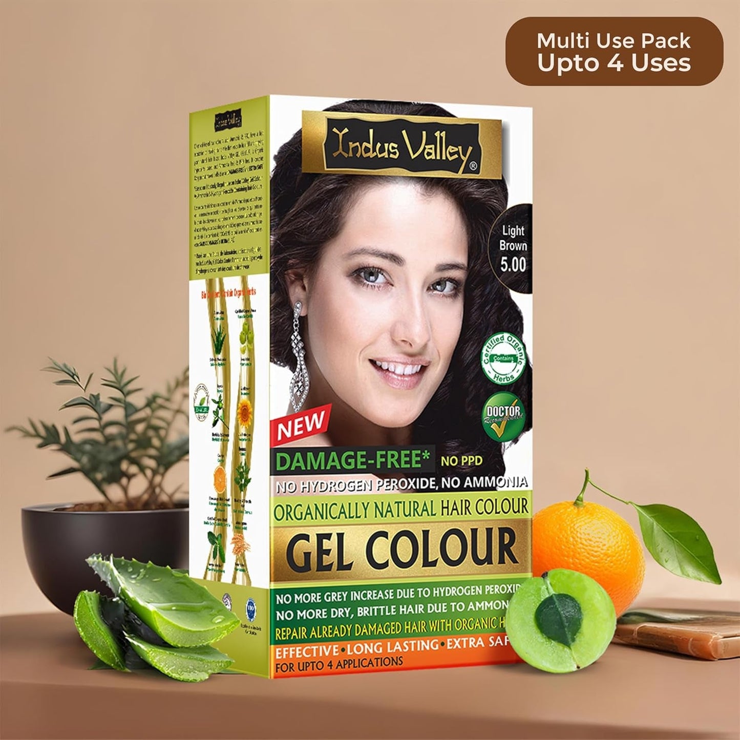 Indus Valley Natural Damage Free Gel Hårfarve | Ammoniakfri, vegansk og grusomhedsfri | Op til 100 % grå dækning, langtidsholdbare resultater | Lys kastanje 5.0 (20 gram + 200 ml) Naty Shop hårfarve