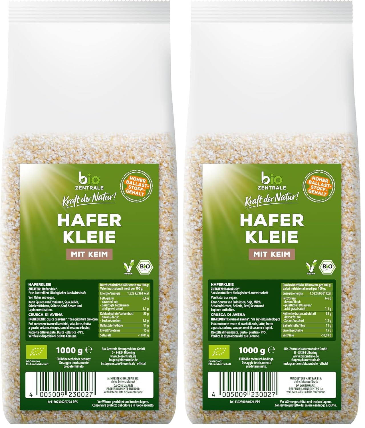 Biocentral økologisk havreklid 1 kg | Fordelagtig pakke | Fiberrig proteinkilde | Naturally vegan | Fra EU's landbrug | Lavt sukkerindhold