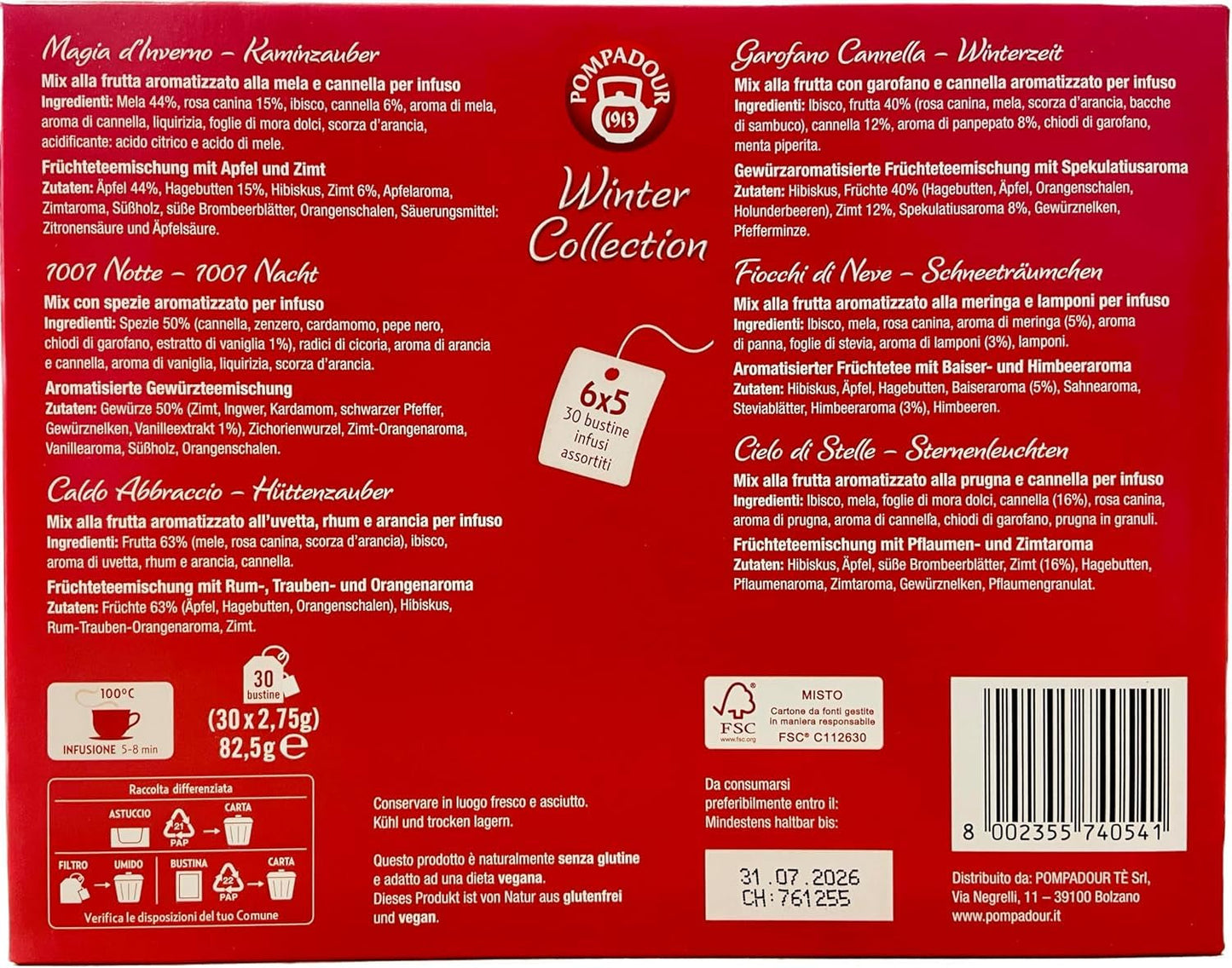 Pompadour 1913 vinterkollektion sortiment af koffeinfri frugt og urtete - 1 x 30 teposer (82,5 gram)